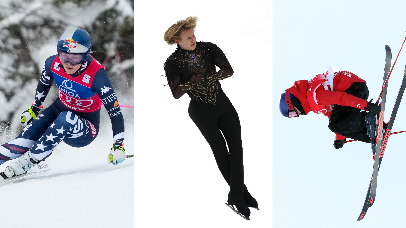 Lindsey Vonn skates, Ilya Manninen performs a snowboard trick, and Elaine Guo performs a free skate trick