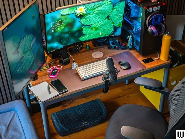Front view of a four-legged standing desk with computer monitors, keyboard, microphone and other work items on top