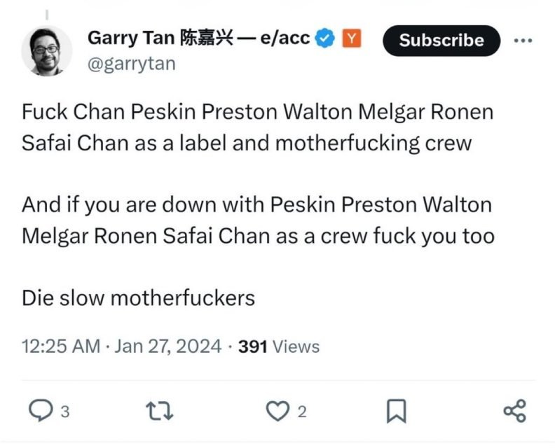 A post on X from Garry Tan wishing death upon San Francisco supervisors, reading: "Fuck Chan Peskin Preston Walton Melgar Ronen Safai Chan as a label and motherfucking crew ... And if you are down with Peskin Preston Walton Melgar Ronen Safai Chan as a crew fuck you too ... Die slow motherfuckers."
