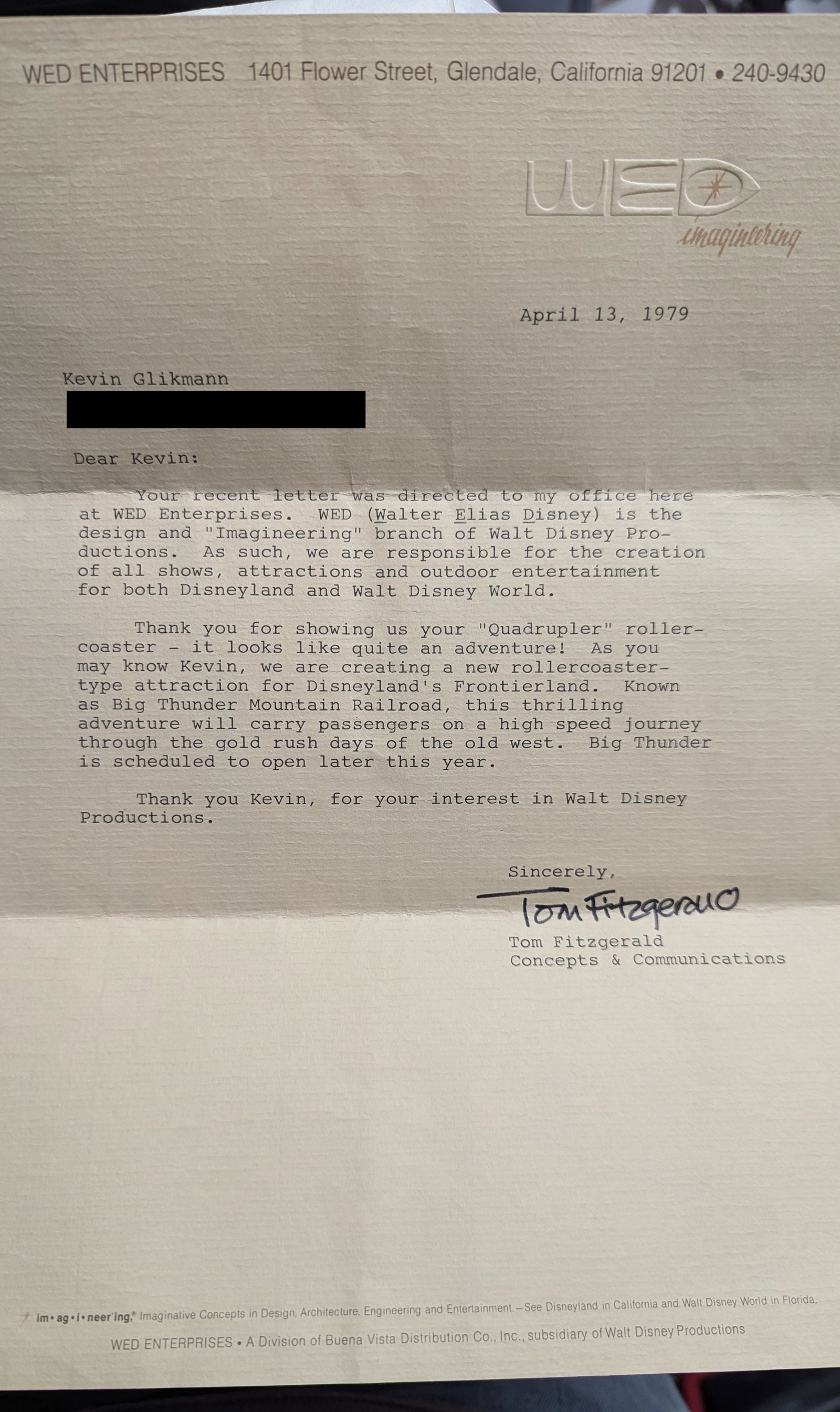 Original 1979 Letter from WED Enterprises