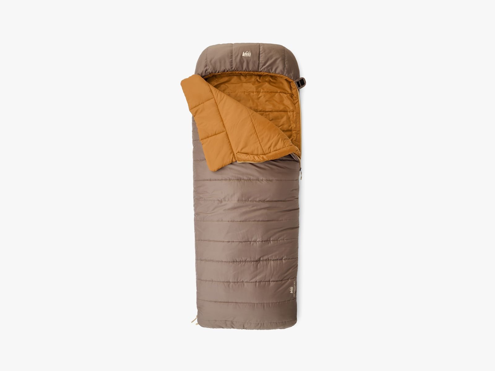 Partially zipped tan sleeping bag with flap open to reveal yellow interior