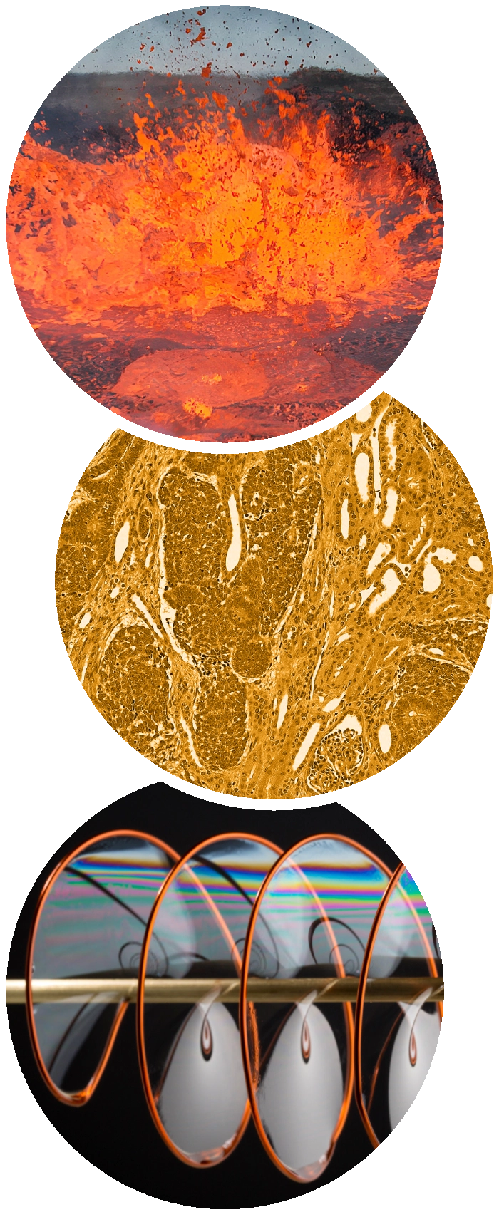 A photo of lava, a microscopic image of colon cancer, and a photo of a soap film.