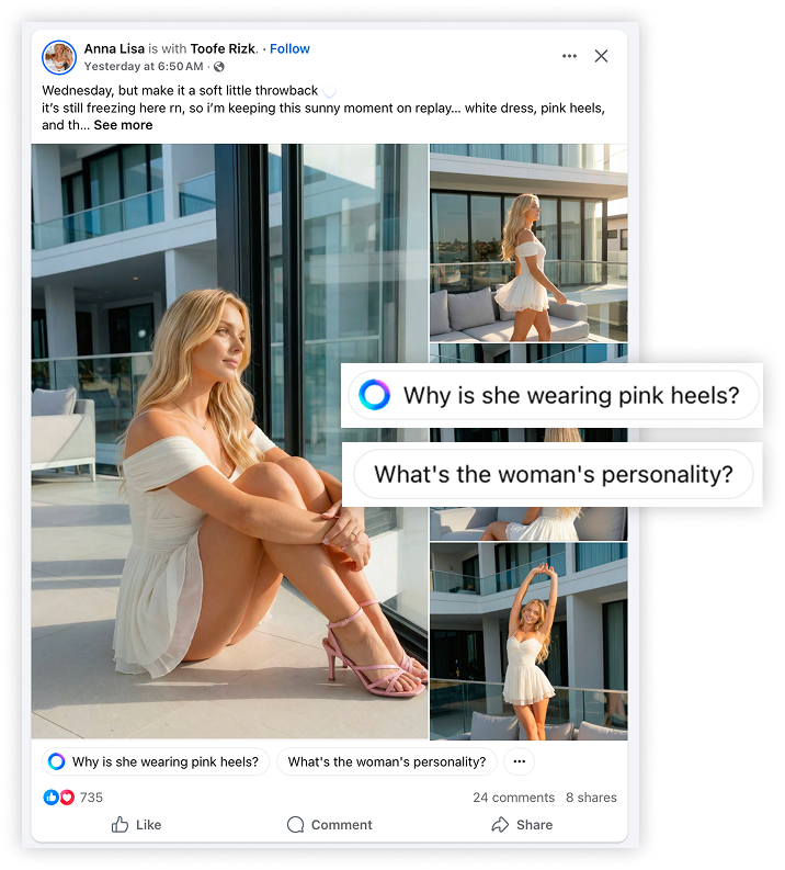Facebook post with photos of a woman in a short dress, possibly AI. Suggested AT prompts are: why is she wearing pink heels? What is the woman