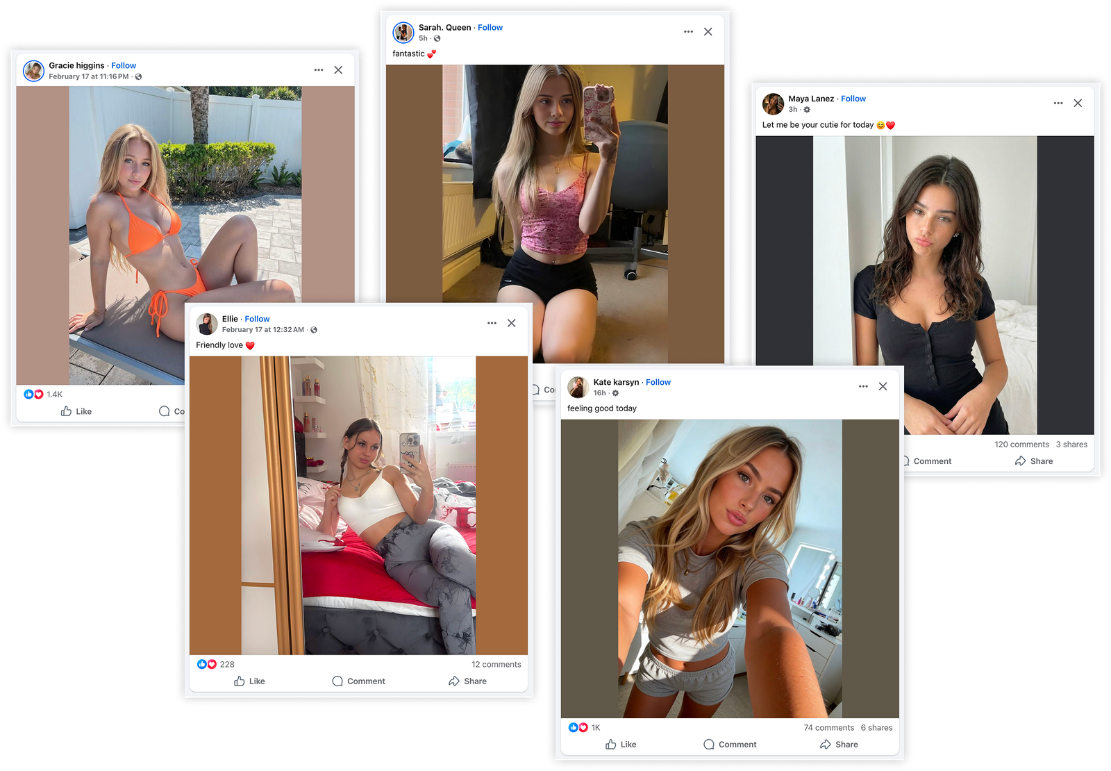 A collage of Facebook posts of random women in revealing clothing
