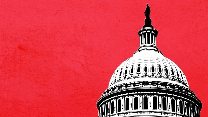 Rendering of the US Capitol Dome on a red background
