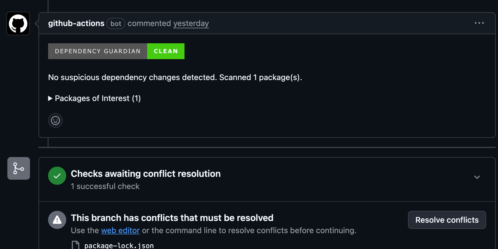 Dependency Guardian clean verdict — no suspicious changes detected