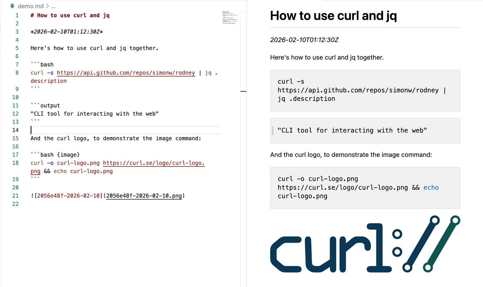 Screenshot showing a Markdown file "demo.md" side-by-side with its rendered preview. The Markdown source (left) shows: "# How to use curl and jq", italic timestamp "2026-02-10T01:12:30Z", prose "Here