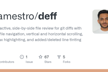 flamestro/deff: interactive, side-by-side file review for git diffs with per-file navigation, vertical and horizontal scrolling, syntax highlighting, and added/deleted line tinting