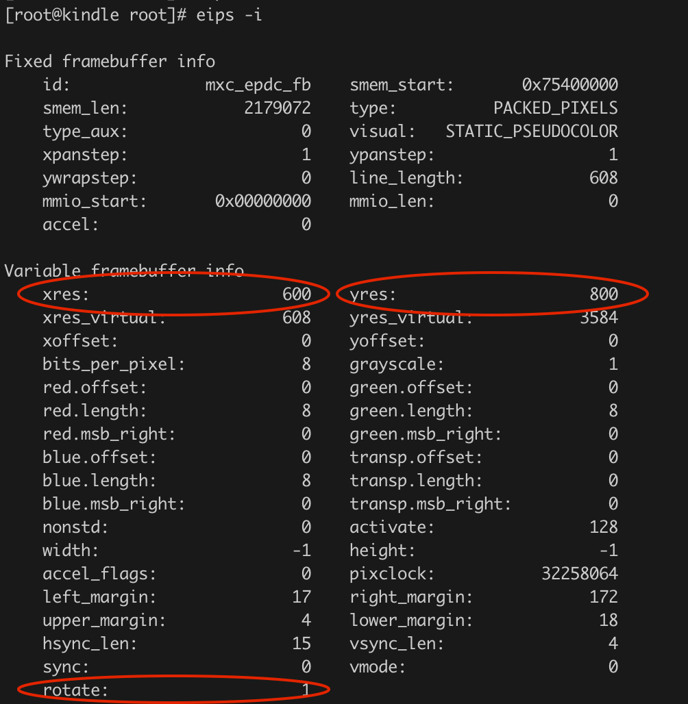 Screenshot of terminal displaying the output of the eips -i command. The values xres, yres, and rotate are circled in red