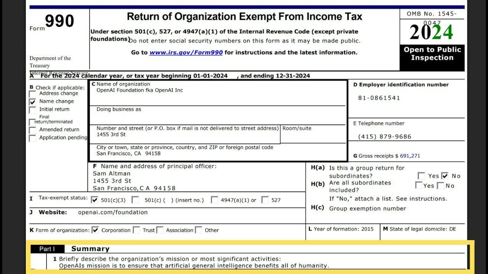 This is the top of the front page of the 2024 990 form for OpenAI, with its mission stated at the bottom of the screenshot.