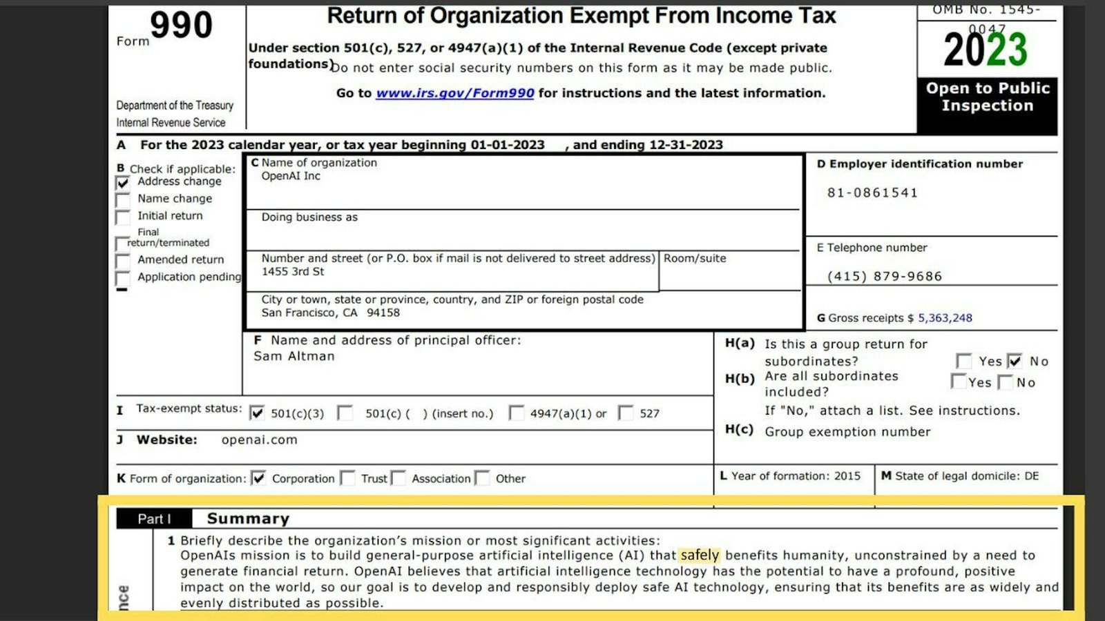 This is the top of the front page of the 2023 990 form for OpenAI, with its mission stated at the bottom of the screenshot.