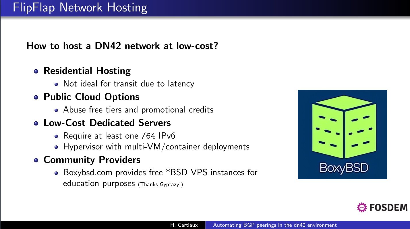 FOSDEM 2026 - FlipFlap Network in DN42 mentioning BoxyBSD by gyptazy