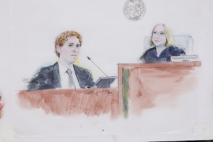 Courtroom sketch shows Mark Zuckerberg testifying on the witness stand as Judge Carolyn B. Kuhl listens from the bench.