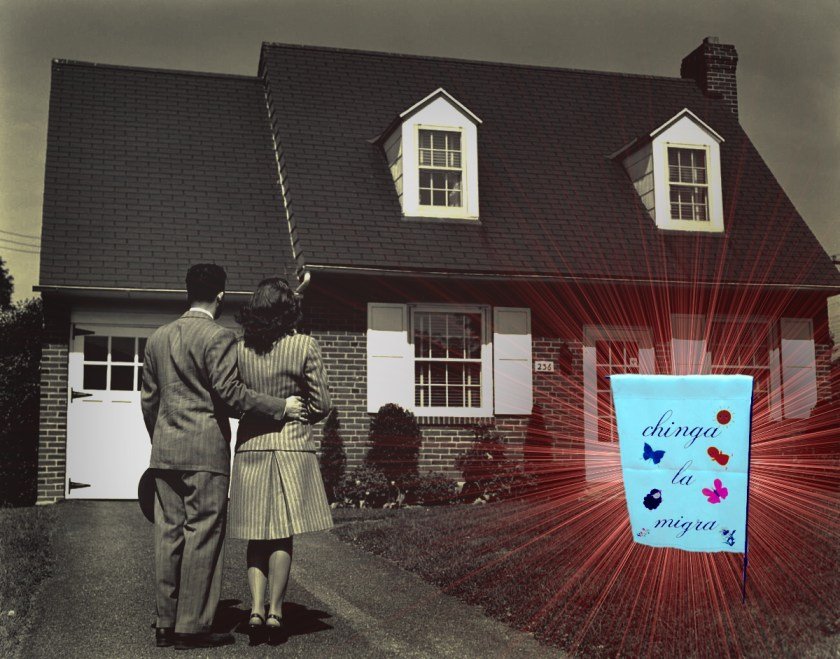 A suburban house; on the law stand a couple, their backs to it, looking appreciatively upon it. On the lawn is a lawn-flag reading 