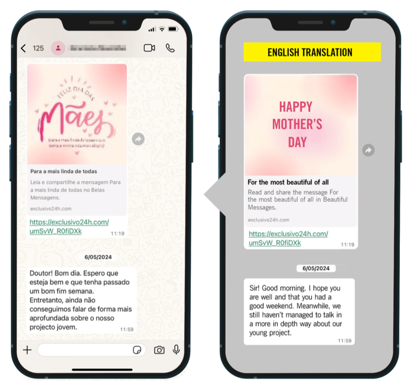 Two side-by-side shots of WhatsApp messages sent to the Angolan journalist.