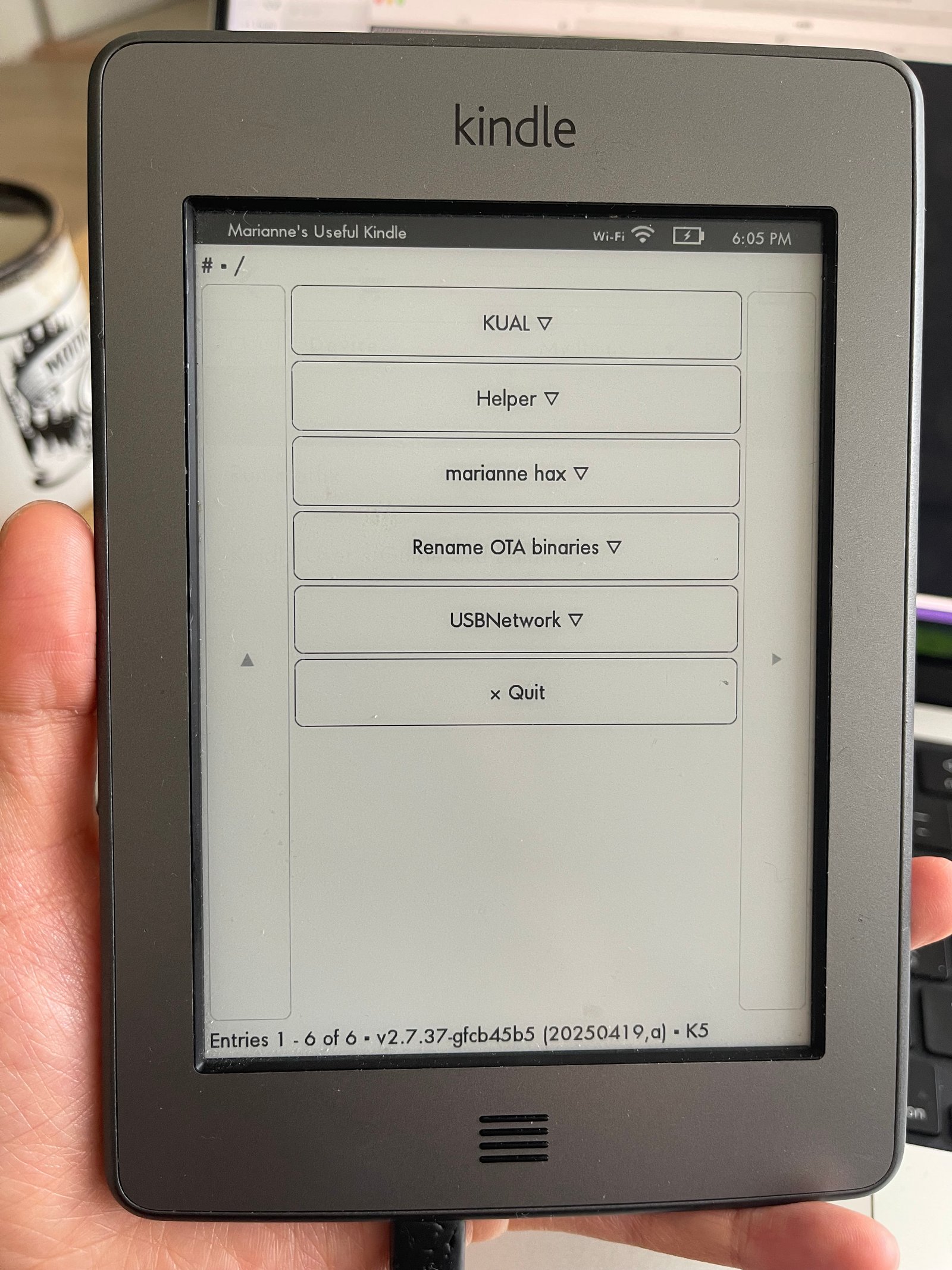 An image of what KUAL looks like on launch with list of apps. One of the apps is called 'marianne hax'
