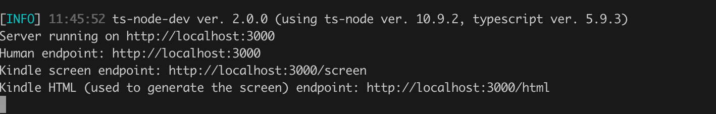 Screenshot of terminal displaying 3 endpoints, at /, /screen, and /html