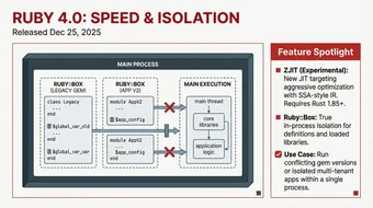 Ruby 4.0: Speed and Isolation Ruby 4.0 speed and isolation architecture released December 25 2025: Ruby::Box providing true in-process isolation with segregated object spaces for legacy gems and app versions preventing monkey-patches from leaking between boxes, ZJIT experimental JIT compiler targeting aggressive optimization with SSA-style IR requiring Rust 1.85 or newer, and use cases including running conflicting gem versions or isolated multi-tenant apps within a single process