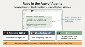 Ruby in the Age of AI Agents Ruby in the age of AI agents: convention over configuration equals lower context window usage with Rails patterns highly predictable for LLMs, RubyMine 2025.3 with native multi-agent AI, Shopify Ruby LSP reaching full IDE parity, Cursor with superpowers via cursor-rails-rules, and 84 percent of professional developers now using AI assistants according to Stack Overflow