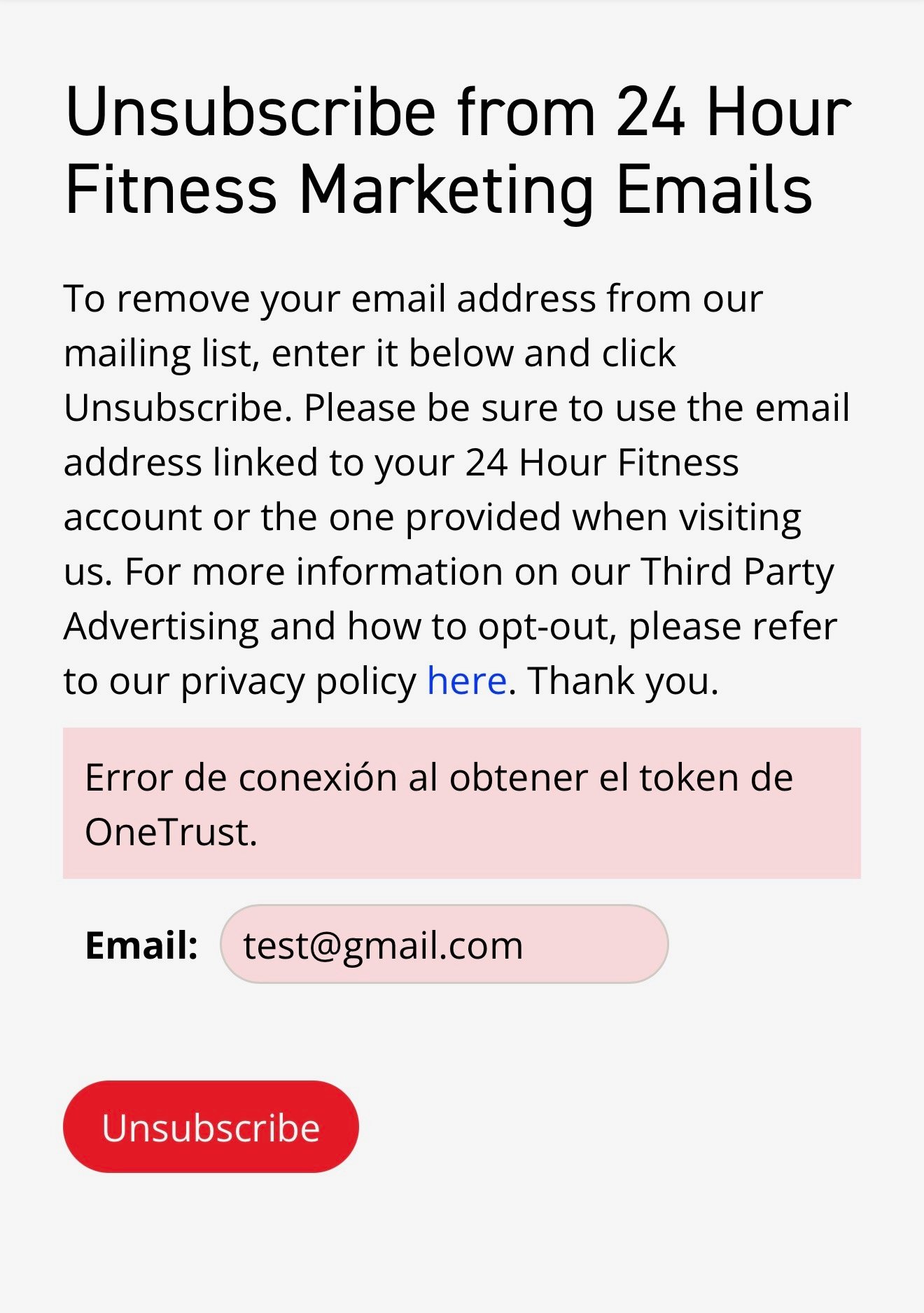 24 Hour Fitness unsubscribe page showing an error message in Spanish
