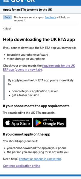 A page showing additional help downloading the UK ETA app with a tiny 