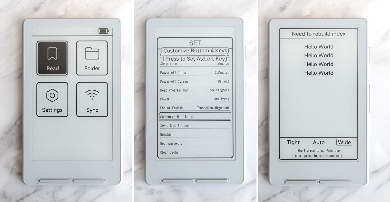 Three images of the Xteink X4 e-reader user interface.