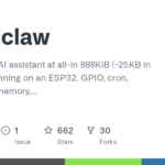 tnm/zclaw: Your personal AI assistant at all-in 888KiB (~25KB in app code). Running on an ESP32. GPIO, cron, custom tools, memory, and more.