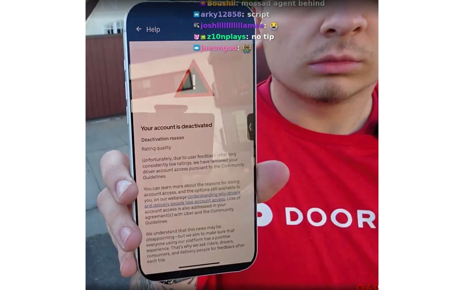 Streamer displays DoorDash account deactivation message (Image via Twitch/Lacy)