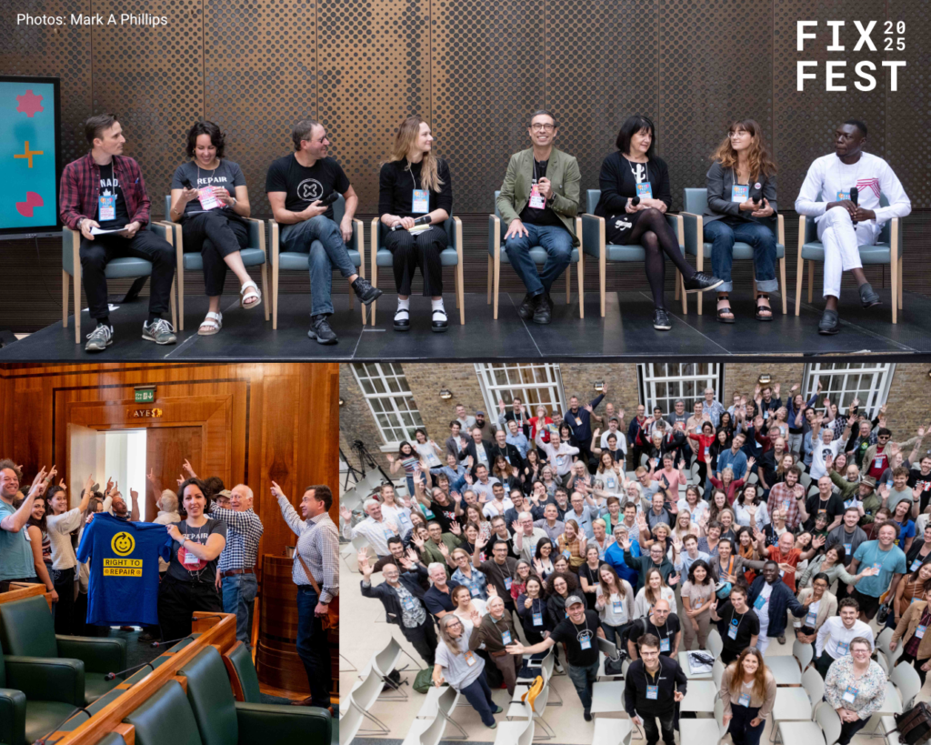 three photos showing different scenes from Fixfest: a panel of 8 people sitting on a stage; a group of people pointing at a sign reading 