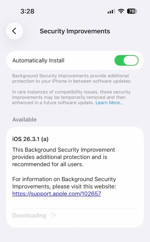A screenshot showing the software update screen for back-end security improvements on an iPhone, showing the appearance of the new software update named iOS 26.3.1 (a). Apple says so "Enhanced background security provides additional protection and is recommended for all users."