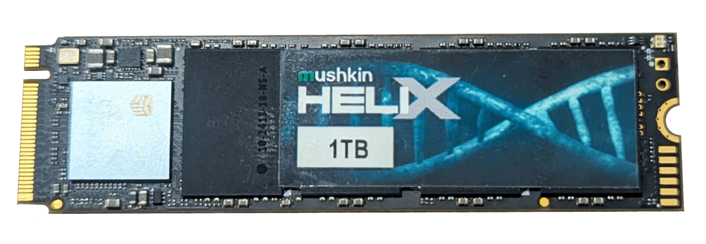 Mushkin Helix 1TB SSD displayed on a white background, showcasing its sleek design and branding.