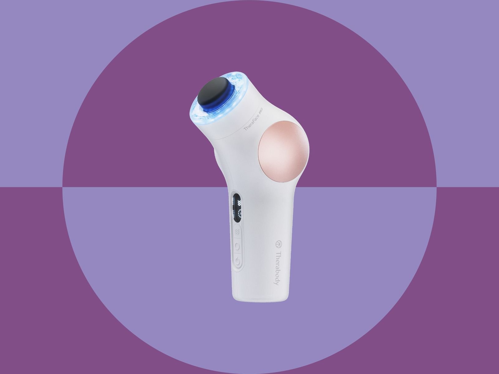 Therabody TheraFace Pro on a purple geometric background