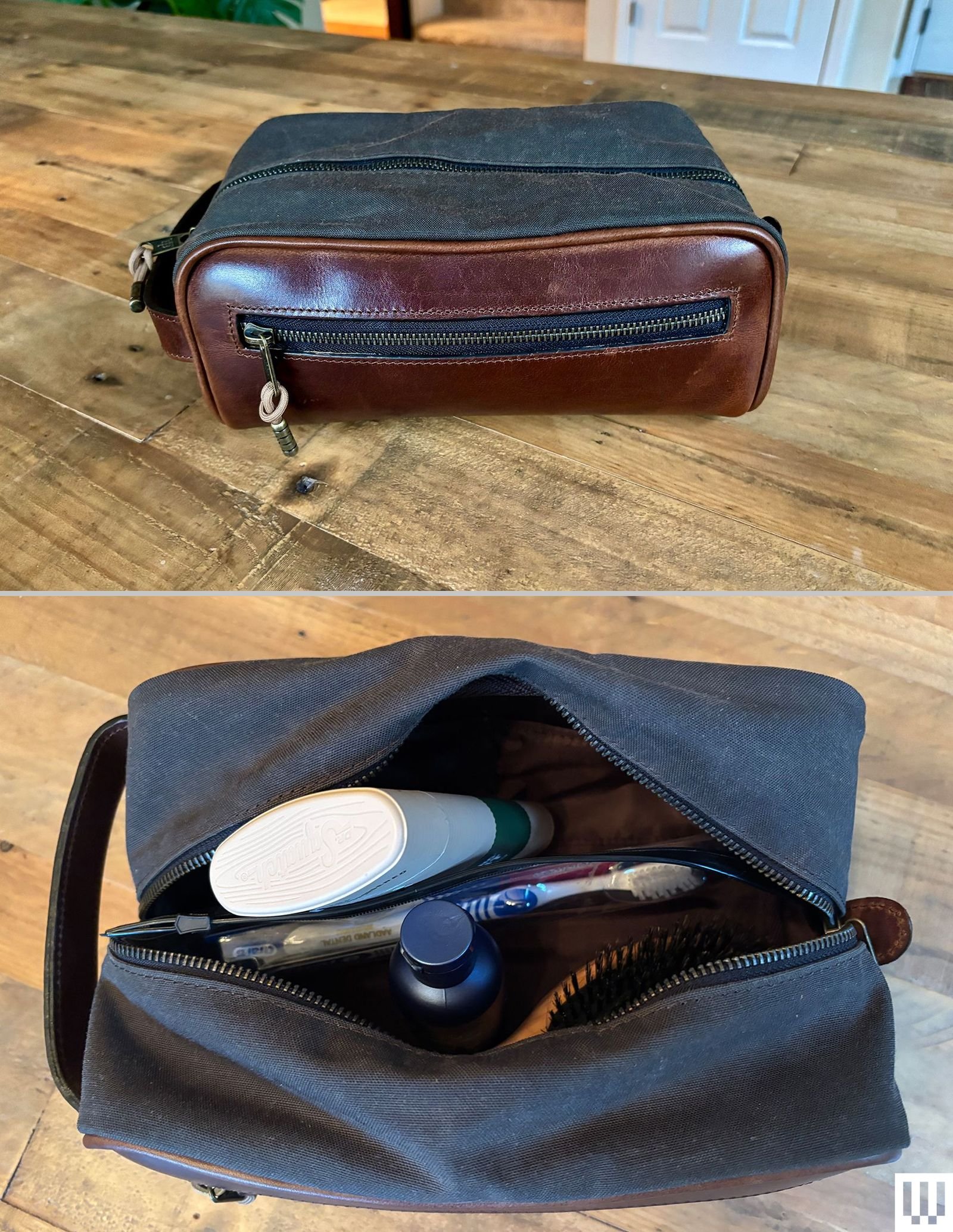 Tom Beckbe Waxed Canvas Dopp Kit a dark zippered pouch with leather accents shown closed and open holding toiletries