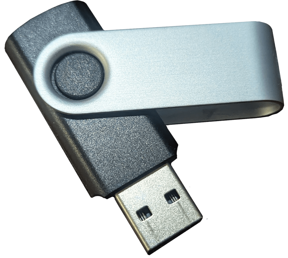 A metallic USB flash drive with a swivel design, featuring a black and silver color scheme.