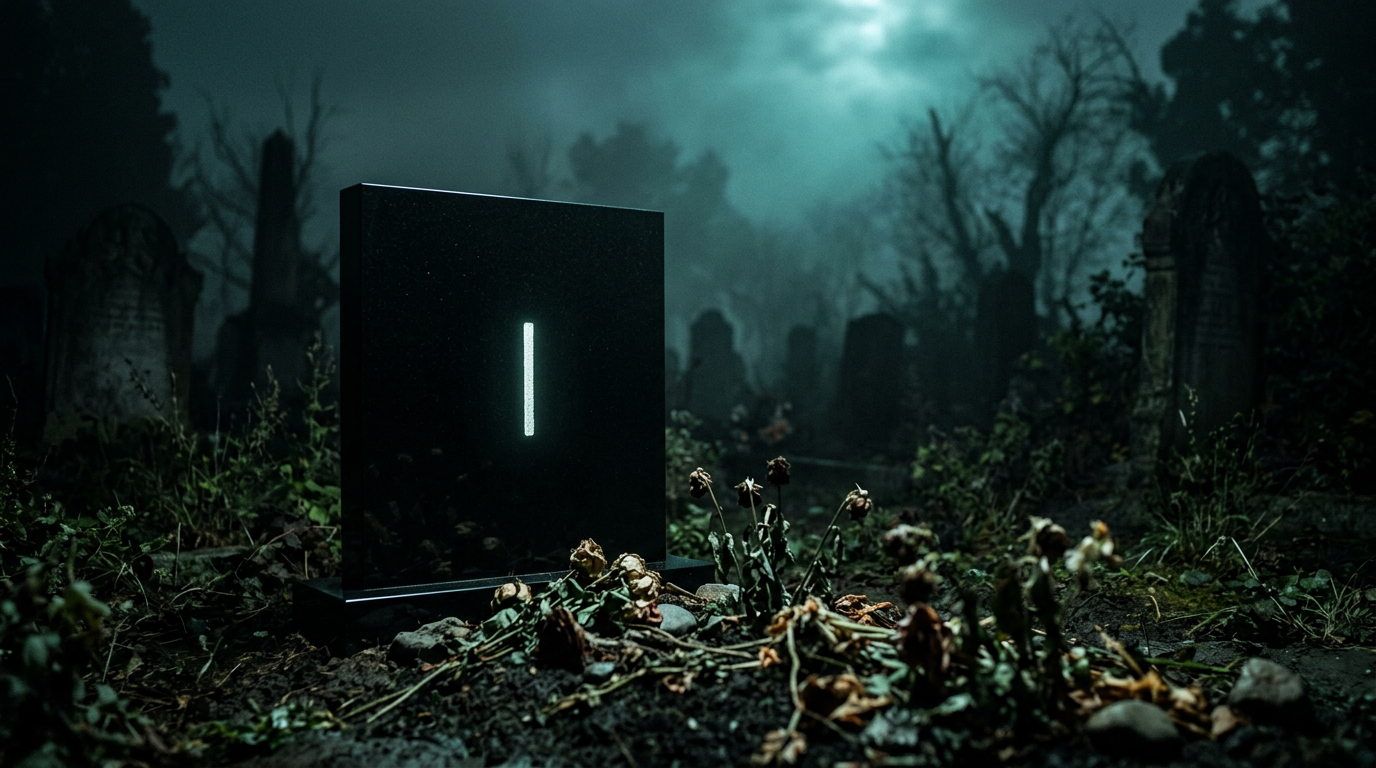 A gravestone in a dark misty cemetery with a glowing cursor symbol — the death of the AI coding IDE era