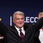 Joan Laporta has been re-elected as Barcelona president, defeating Victor Font