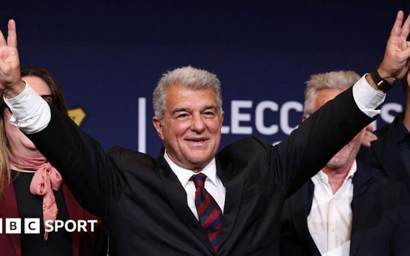 Joan Laporta has been re-elected as Barcelona president, defeating Victor Font