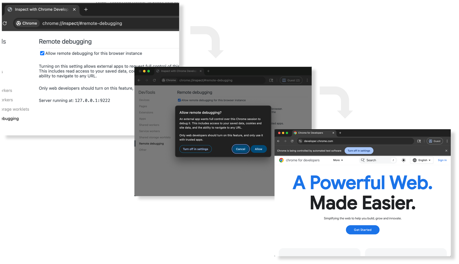 Remote debugging flow: First enable the remote debugging features. Then confirm a remote debug connection request. The debug session will be indicated by a banner text.