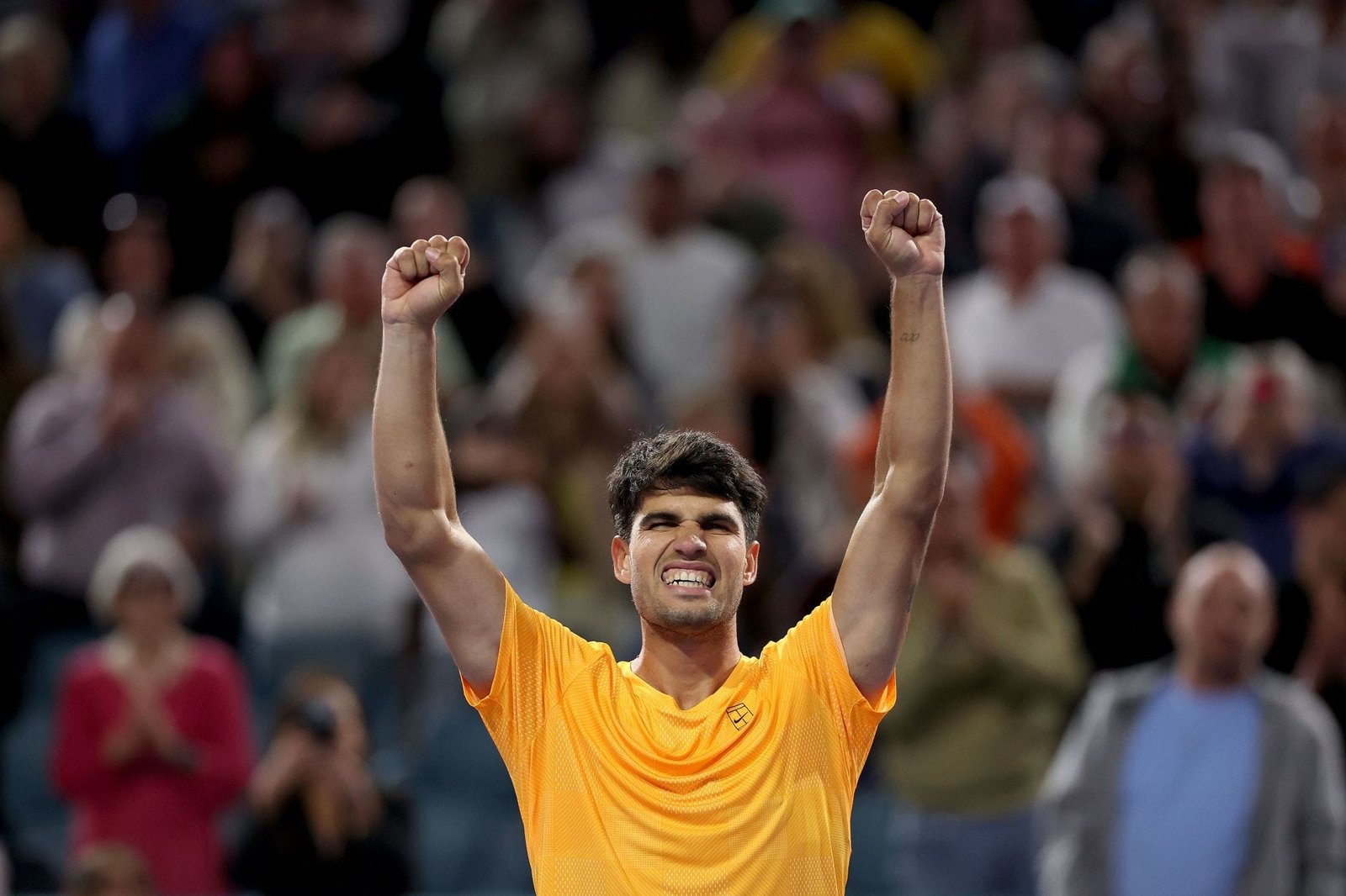 Carlos Alcaraz celebrates his second-round singles victory at the 2026 Miami Open (Source: Getty)