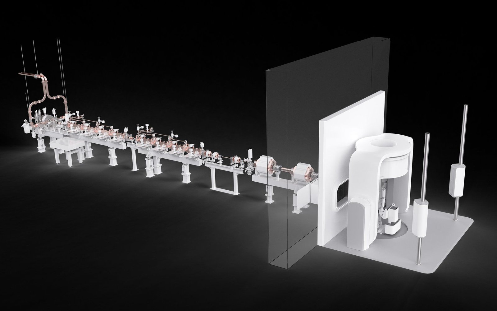 Futuristic scientific equipment setup, featuring streamlined machinery and intricate components.