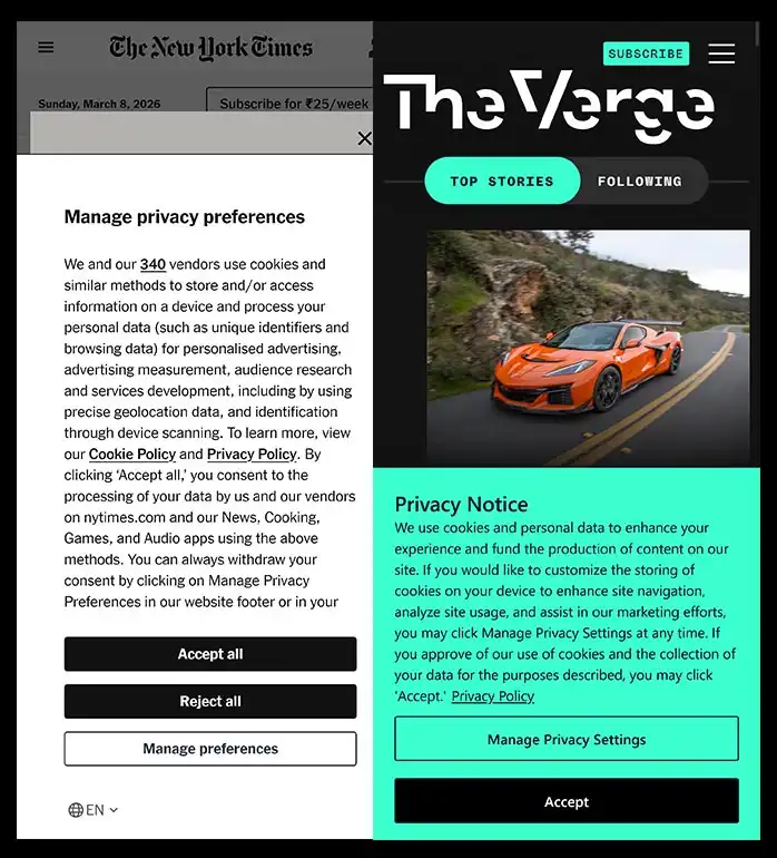 NYT and Verge GDPR modals