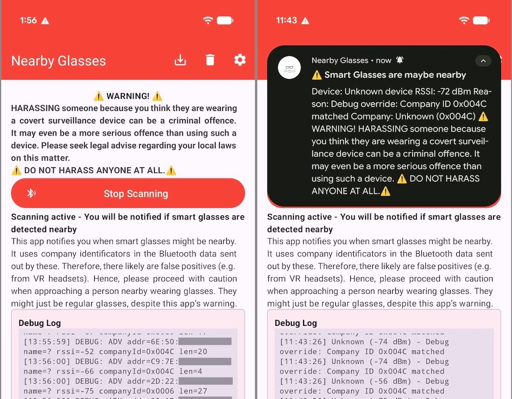Side-by-side screenshots showing the Nearby Glasses app in action, with a phone notification alerting the user that there is someone nearby wearing glasses.