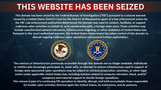 Notice of takedown and seizure of a website by the Federal Bureau of Investigation (FBI) and the US Department of Justice, which replaced the contents of two websites linked to the pro-Iran Hanzala group.