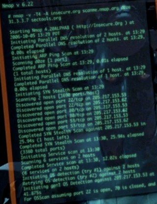 Close-up of Nmap being used to scan insecure.org, scanme.nmap.org, and sectools.org with the -A option