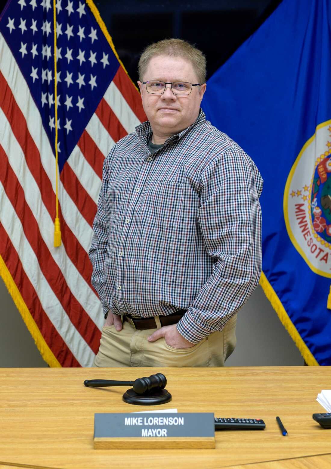 Mike Lorenson, who is both the mayor of Thief River Falls and an IT manager at DigiKey, poses for a photo at City Hall. He