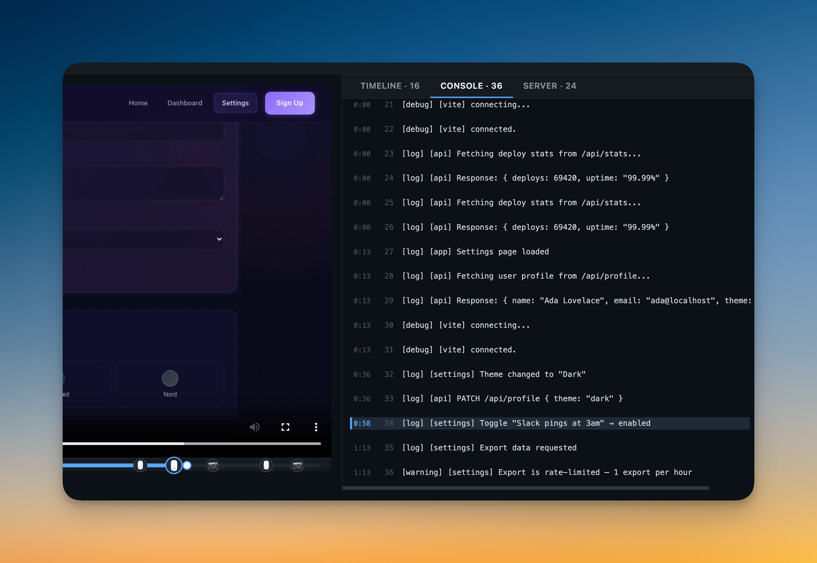 ProofShot console logs tab with error highlighting and video-synced timestamps