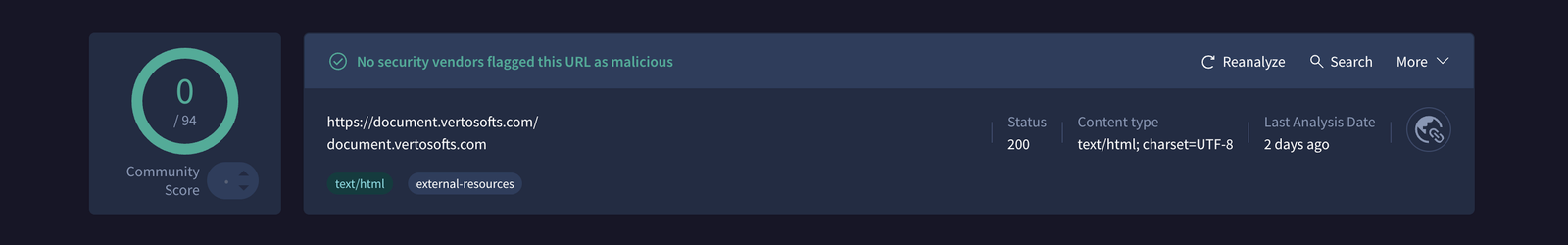 Screenshot: VirusTotal clean scan results for one of the attacks